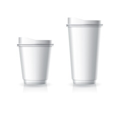 Blank white paper-plastic coffee-tea cup with white lid in small and large size mockup template.