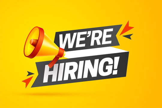 Hiring recruitment open vacancy design info label template. We are hiring join our team announcement lettering with loudspeaker