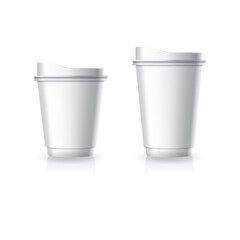 Blank white paper-plastic coffee-tea cup with white lid in small and medium size mockup template.