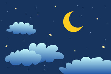 Plakat night sky with stars and moon. paper art style. Dreamy background with moon stars and clouds, abstract fantasy background. Half moon, stars and clouds on the dark night sky background. 