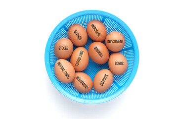 Eggs in the basket with finance item. Don't put all your eggs in one basket concept. Finance and...
