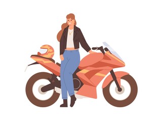 Fototapeta na wymiar Young female biker posing near motor bike. Woman standing by modern motorcycle. Happy motorcyclist and motorbike. Portrait of human with sportbike. Flat vector illustration isolated on white