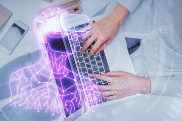 Double exposure of woman hands working on computer and man in ar glasses hologram drawing. Top View. Virtual reality concept.