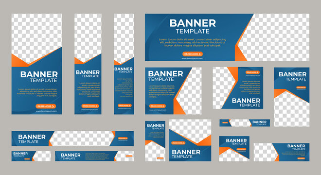 Set of business web banner templates with different standard size. Abstract corporate horizontal, vertical, square ad banner with place for images. Vector EPS