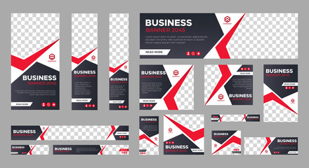 Set of business web banner templates with different standard size. Abstract corporate horizontal, vertical, square ad banner with place for images. Vector EPS