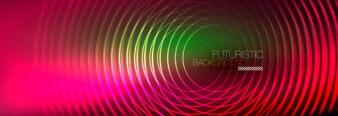 Dark abstract background with glowing neon circles. Trendy layout template for business or technology presentation, internet poster or web brochure cover, wallpaper