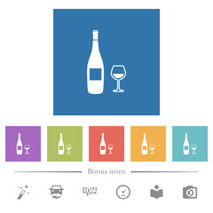 Wine bottle and glass flat white icons in square backgrounds