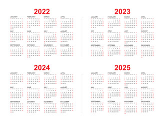 Calendar from 2022, 2023, 2024, 2025 years template. Calendar mockup design in black and white colors, holidays in red colors, week starts on sunday. simple minimal design. planner. Vector