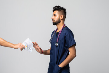 Man giving bribe to a doctor refusing the money, isolated on white background