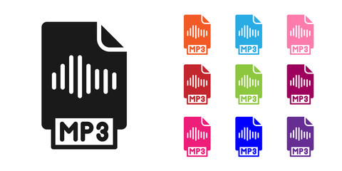 Black MP3 file document. Download mp3 button icon isolated on white background. Mp3 music format sign. MP3 file symbol. Set icons colorful. Vector - obrazy, fototapety, plakaty