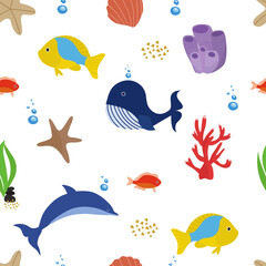 Seamless pattern with the inhabitants of the underwater world. Marine life, dolphin, whale, shells, fish, algae, corals. Printing on fabric or paper, for nursery.
