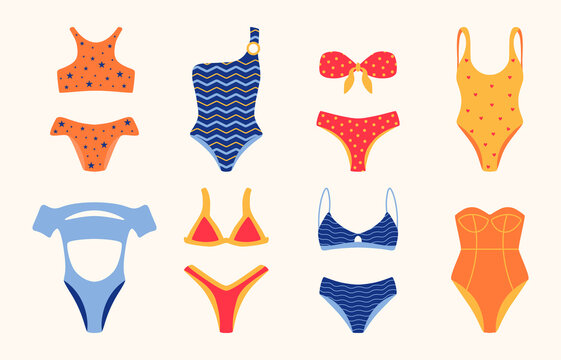 Beach swimsuit. Cartoon fashion bikini swimwear collection, women brassiere underwear elegant doodle set. Vector clothing