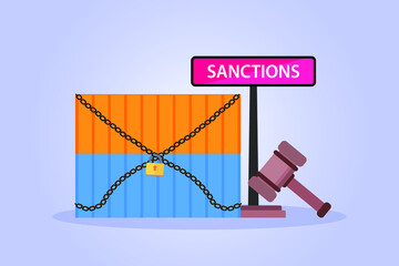 Sanctions vector concept. Containers with sanctions sign, chain, and gavel, symbolizing export and import embargo - obrazy, fototapety, plakaty