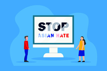 Stop asian hate vector concept: Young man and woman looking at stop asian hate text on the screen 