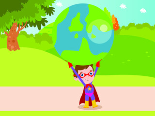 Obraz na płótnie Canvas Strong little boy cartoon character holding earth planet in a super hero costume at the park
