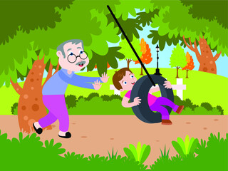 Happy little boy cartoon character playing on the swing with his grandfather at the park