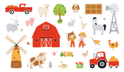 Set farm elements. Collection farm animals in a flat style. Children farmers are harvesting crops. Illustration with pets, children, mill, pickup, barn, tractor isolated on white background. Vector - 443570950