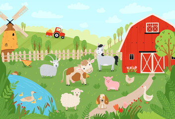 Landscape farm. Cute background with farm animals in a flat style. Illustration with pets cow, horse, pig, goose, rabbit, chicken, goat, sheep, dog, barn, mill, tractor at the ranch. Vector