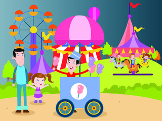 Amusement park vector concept. Father and daughter buying cotton candy at the amusement park