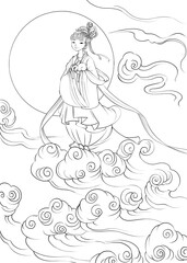 Obraz na płótnie Canvas Chinese folk story, the goddess Chang'e flying to the moon. The Mid Autumn Festival. Digital illustration, black and white.