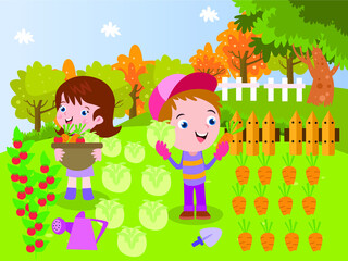 Happy children cartoon character harvesting vegetable at the backyard