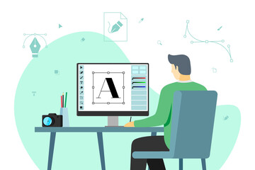 Man graphic designer work at computer in workplace. Male creative specialist freelancer or advertising agency studio employee develop design layout on monitor screen. Freelance professional occupation