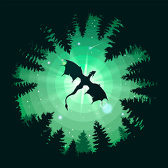 The dragon flies over the forest. Forest landscape with a dragon. Illustration for cover, advertisement, banner or puzzles. Theme or wallpaper for your phone. Stock vector illustration. EPS 10.