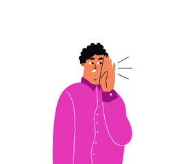 A man tells a secret. The man holds his hand to his face, speaks in a whisper. Vector trend style