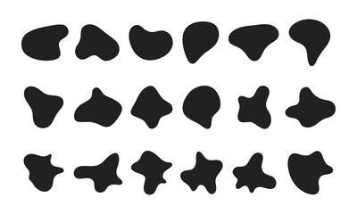 Random abstract liquid organic black irregular blotch shapes flat style design fluid vector illustration set banner simple shape template for presentation design, flyer, isolated on white background.