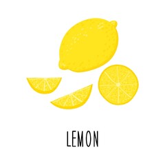 Cute cartoon lemon. Lemon slices. Drawing for design postcards, print for t-shirts, digital design. Isolated flat vector illustration.