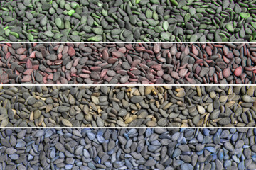 collage of images of black sesame seeds. All images are in different shades. horizontal arrangement photo of sesame seeds