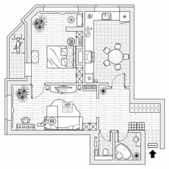 Planning of the apartment with arrangement furniture. Architectural drawing of the house (top view). Interior design  floor plan from above. Vector layout