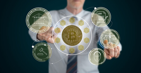 Man touching a bitcoin regulation concept