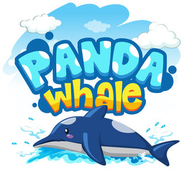Dolphin cartoon character with Panda Whale font banner isolated