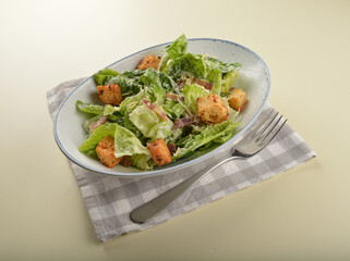 fresh chef Caesar salad with bread and ham salad dressing western appetiser halal menu