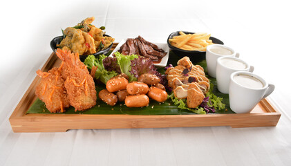 giant appetiser platter combo with mini hot dog, mushroom soup, deep fried tempura prawn, sliced...