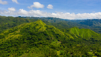 Fototapeta na wymiar Tropical landscape: mountains with rainforest and hills with green grass.Mountains against the blue sky and clouds. Bohol, Philippines.