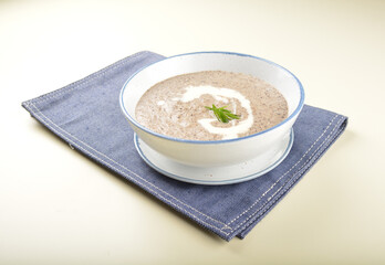 home made hot mushroom thick soup with French toast bread in white background western appetiser halal menu