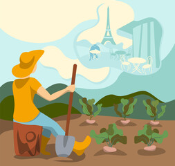 woman is sitting in garden, looking in the sky and dreams about Paris. Clouds with Paris, fantasy. Woman is growing vegetables and dreams about France