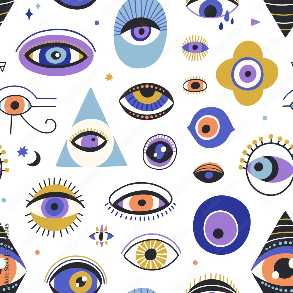 Poster Seamless mystic pattern with evil eyes in doodle style. Endless repeating texture with different esoteric eyeballs. Occult spiritual background. Colored flat vector illustration of decor for printing