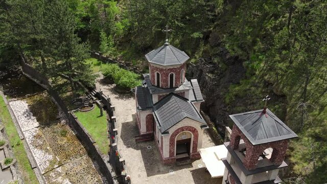 Aerial View of Small Orthodox Church by Creek in Mokra Gora, Serbia. Sveti Jovan Krstitelj, Drone Shot