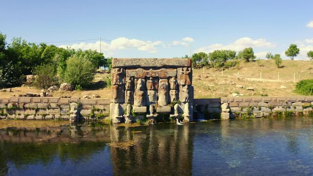 Hittite Holy Water Temple, ancient Hittite monument Eflatun Spring.. 4K.
Turkey. 2. aerial view.