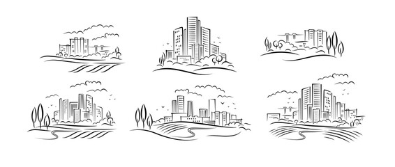 Collection of abstract schematic urbanistic landscapes in brush illustration style