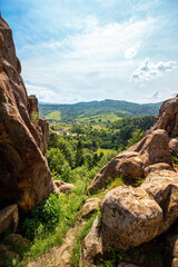 View from high rocks in the Carpathian mountains, Tustan fortress