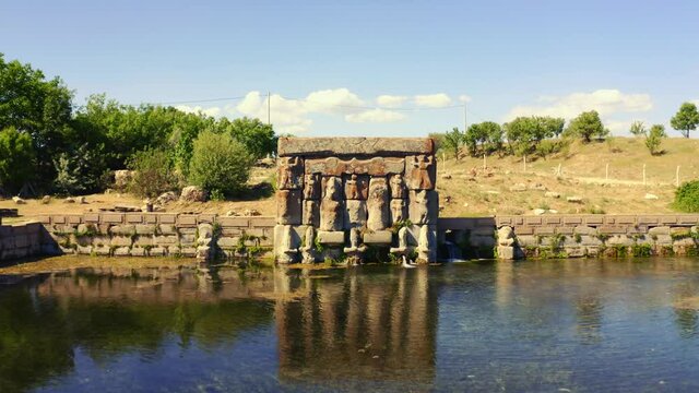 Hittite Holy Water Temple, ancient Hittite monument Eflatun Spring.. 4K.
Turkey. aerial view.