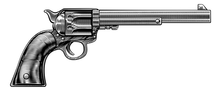 Western Cowboy Gun Pistol Revolver Woodcut Style