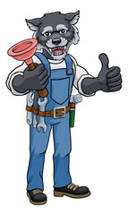 Fototapeta premium Wolf Plumber Cartoon Mascot Holding Plunger