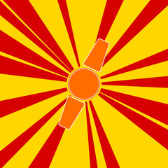 Wristwatch symbol on a background of red flash explosion radial lines. The large orange symbol is located in the center of the sun, symbolizing the sunrise. Vector illustration on yellow background
