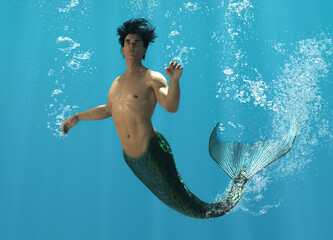 3D render, a merman creature is swimming under the sea with the air bubble around him © Tritons