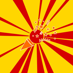 Exploding party popper on a background of red flash explosion radial lines. A large orange symbol is located in the center of the sunrise. Vector illustration on yellow background
